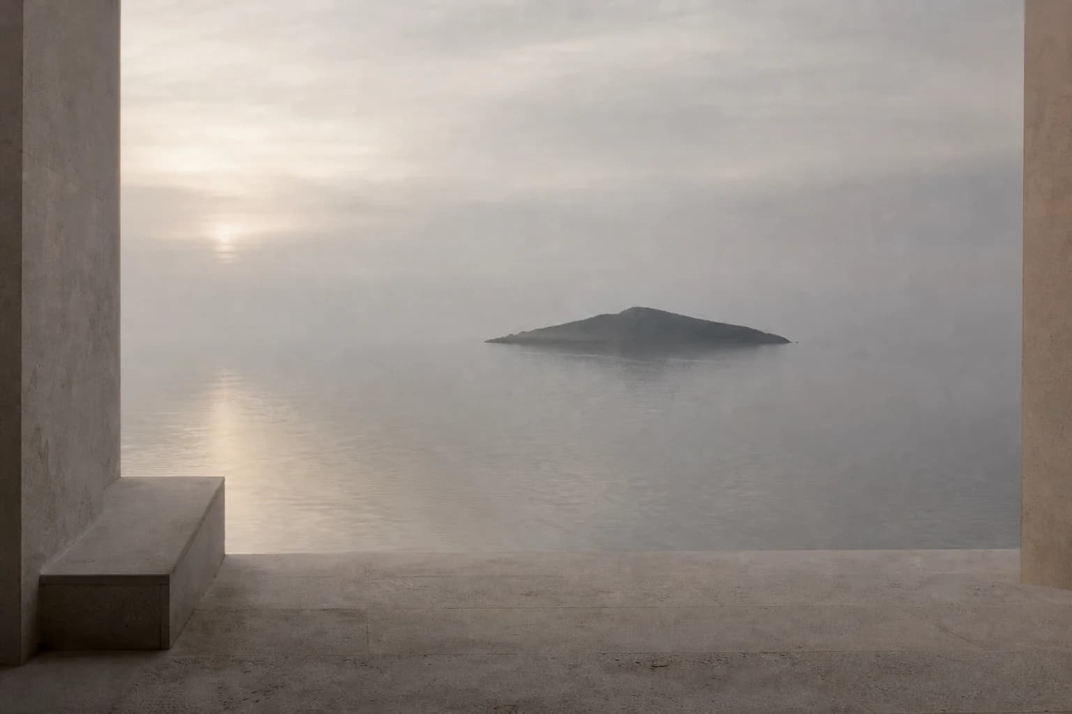 A quiet island across still water, framed by pale stone